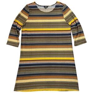 Tacera Striped Shift Dress PXL Mustard Brown Navy 3 4 Sleeve - PXL
